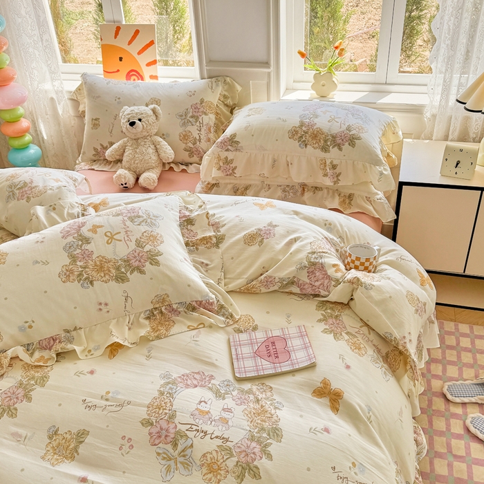 91家纺网 家纺一手货源 找家纺 芷凡家纺 2025新款A类加厚超柔水洗棉花边款韩式四件套 优乐花语