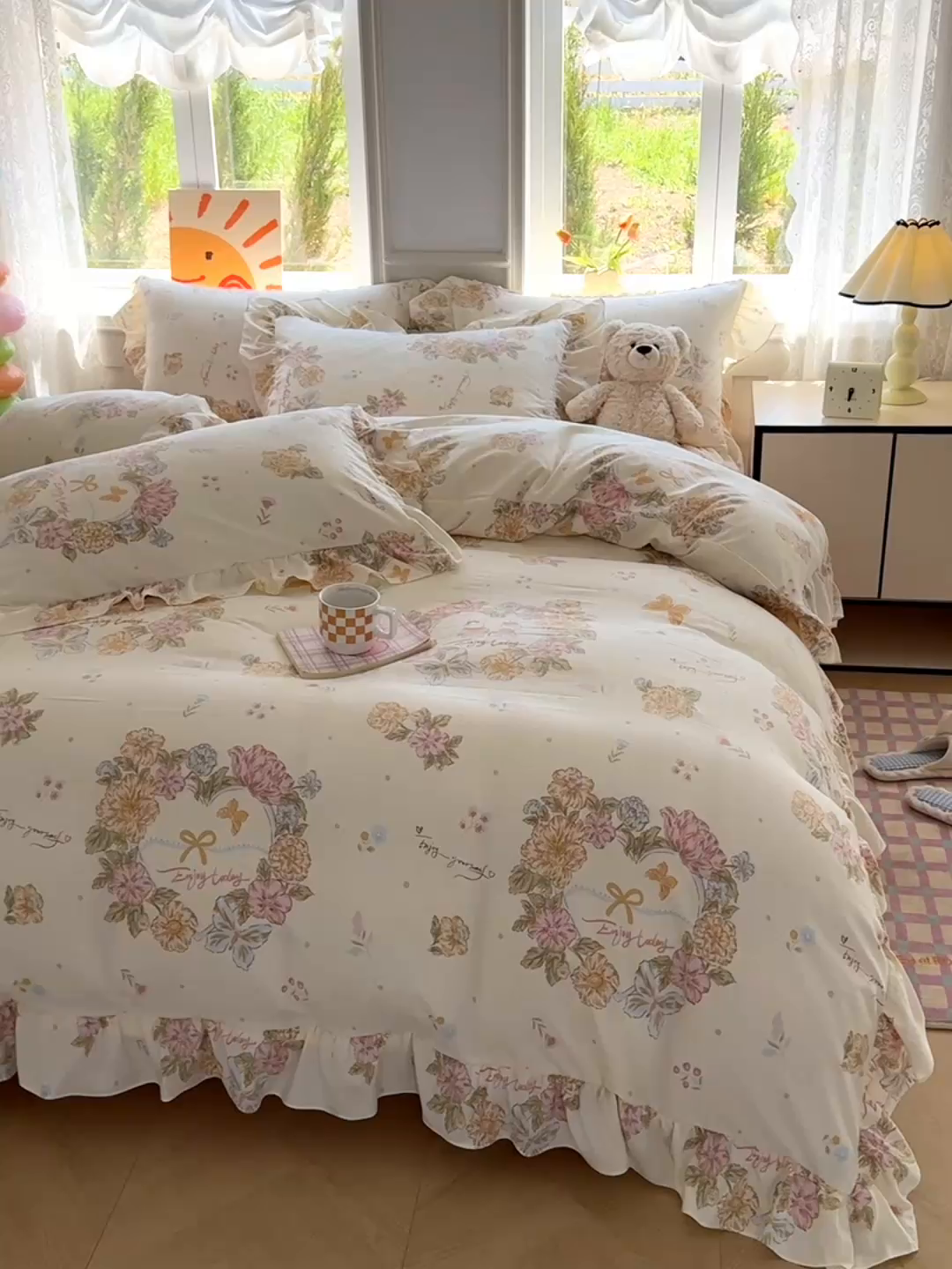 91家纺网 家纺一手货源 找家纺 芷凡家纺 2025新款A类加厚超柔水洗棉花边款韩式四件套 优乐花语