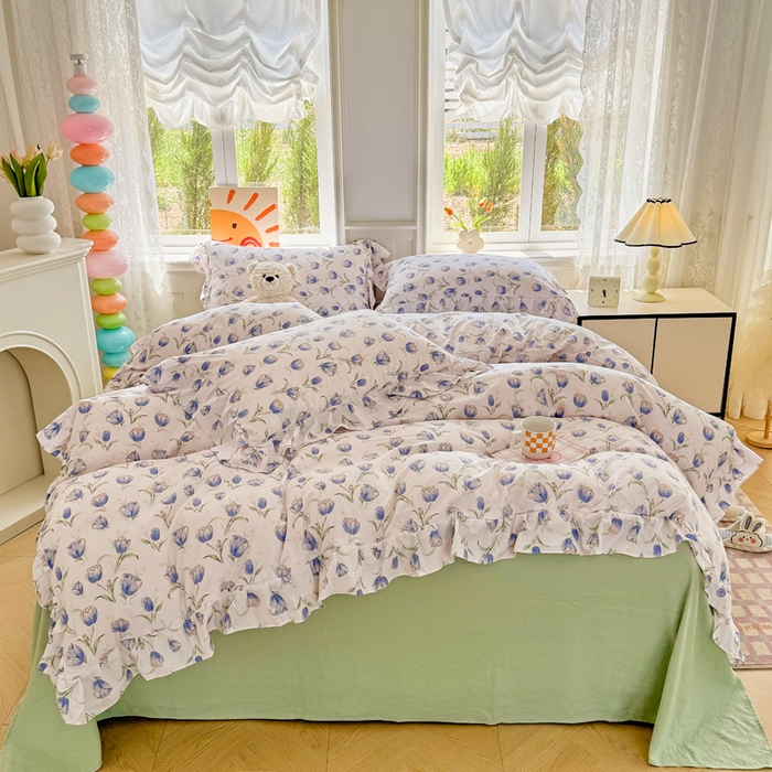 91家纺网 家纺一手货源 找家纺 芷凡家纺 2025新款A类加厚超柔水洗棉花边款韩式四件套 郁金香