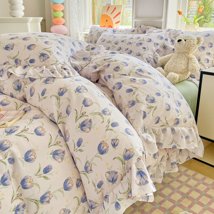 91家纺网 家纺一手货源 找家纺 芷凡家纺 2025新款A类加厚超柔水洗棉花边款韩式四件套 郁金香