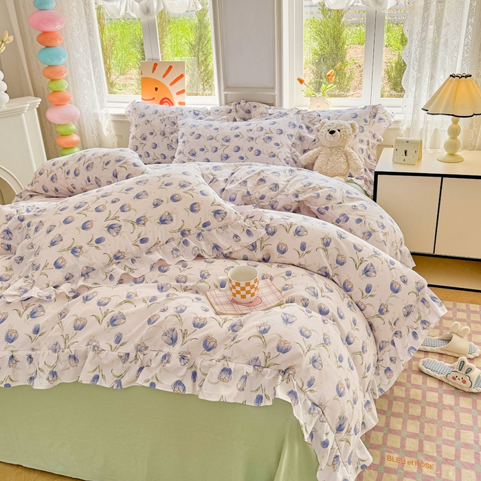 91家纺网 家纺一手货源 找家纺 芷凡家纺 2025新款A类加厚超柔水洗棉花边款韩式四件套 郁金香