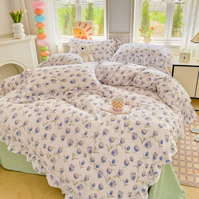 91家纺网 家纺一手货源 找家纺 芷凡家纺 2025新款A类加厚超柔水洗棉花边款韩式四件套 郁金香