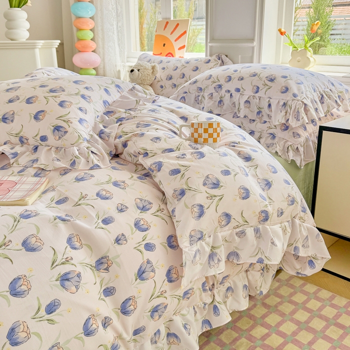 91家纺网 家纺一手货源 找家纺 芷凡家纺 2025新款A类加厚超柔水洗棉花边款韩式四件套 郁金香