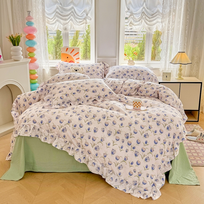 91家纺网 家纺一手货源 找家纺 芷凡家纺 2025新款A类加厚超柔水洗棉花边款韩式四件套 郁金香