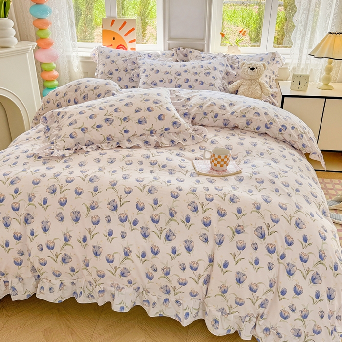 91家纺网 家纺一手货源 找家纺 芷凡家纺 2025新款A类加厚超柔水洗棉花边款韩式四件套 郁金香