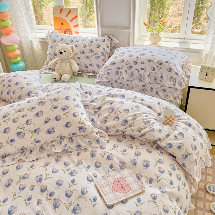 91家纺网 家纺一手货源 找家纺 芷凡家纺 2025新款A类加厚超柔水洗棉花边款韩式四件套 郁金香