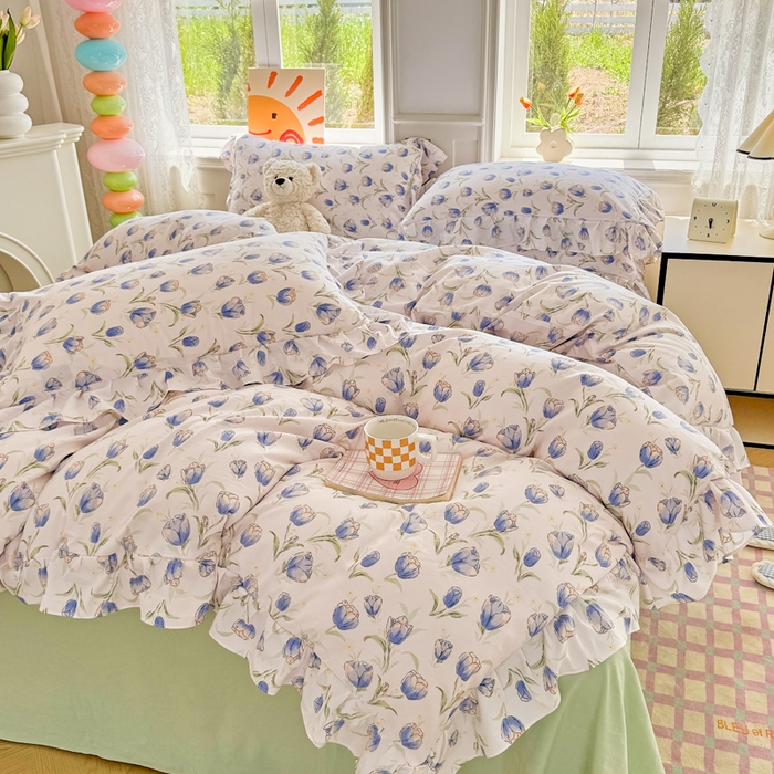 91家纺网 家纺一手货源 找家纺 芷凡家纺 2025新款A类加厚超柔水洗棉花边款韩式四件套 郁金香