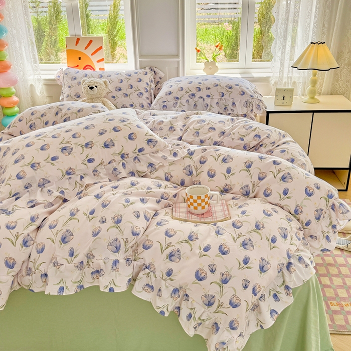 91家纺网 家纺一手货源 找家纺 芷凡家纺 2025新款A类加厚超柔水洗棉花边款韩式四件套 郁金香