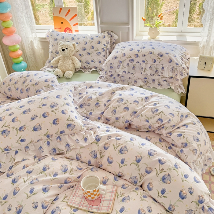 91家纺网 家纺一手货源 找家纺 芷凡家纺 2025新款A类加厚超柔水洗棉花边款韩式四件套 郁金香