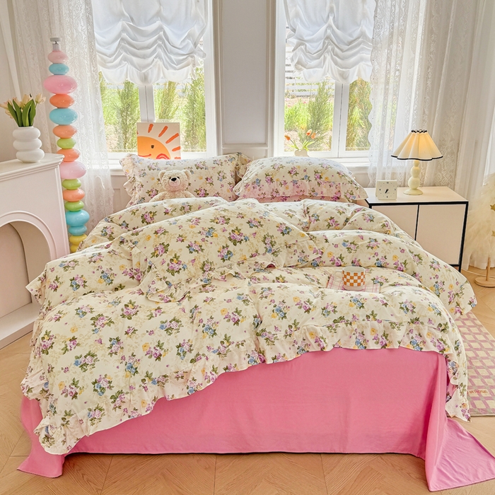 91家纺网 家纺一手货源 找家纺 芷凡家纺 2025新款A类加厚超柔水洗棉花边款韩式四件套 月影花开