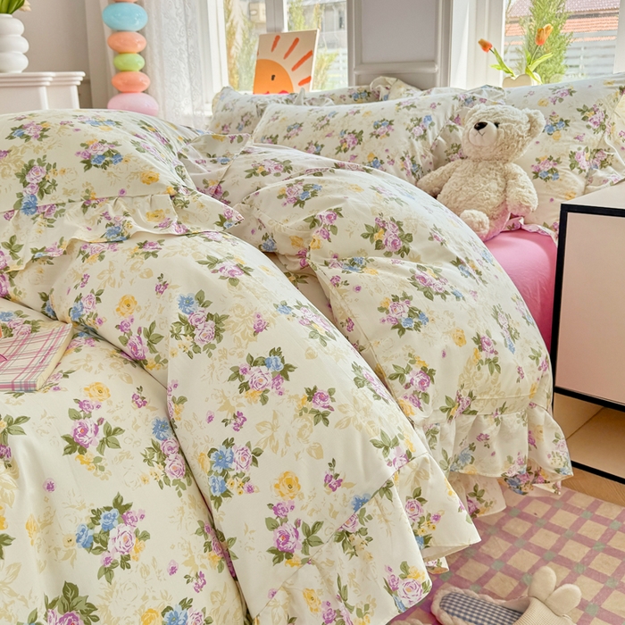 91家纺网 家纺一手货源 找家纺 芷凡家纺 2025新款A类加厚超柔水洗棉花边款韩式四件套 月影花开