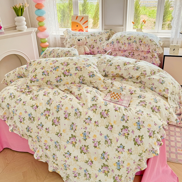 91家纺网 家纺一手货源 找家纺 芷凡家纺 2025新款A类加厚超柔水洗棉花边款韩式四件套 月影花开