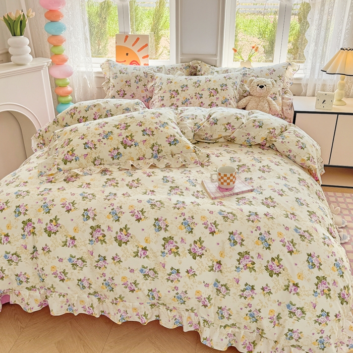 91家纺网 家纺一手货源 找家纺 芷凡家纺 2025新款A类加厚超柔水洗棉花边款韩式四件套 月影花开