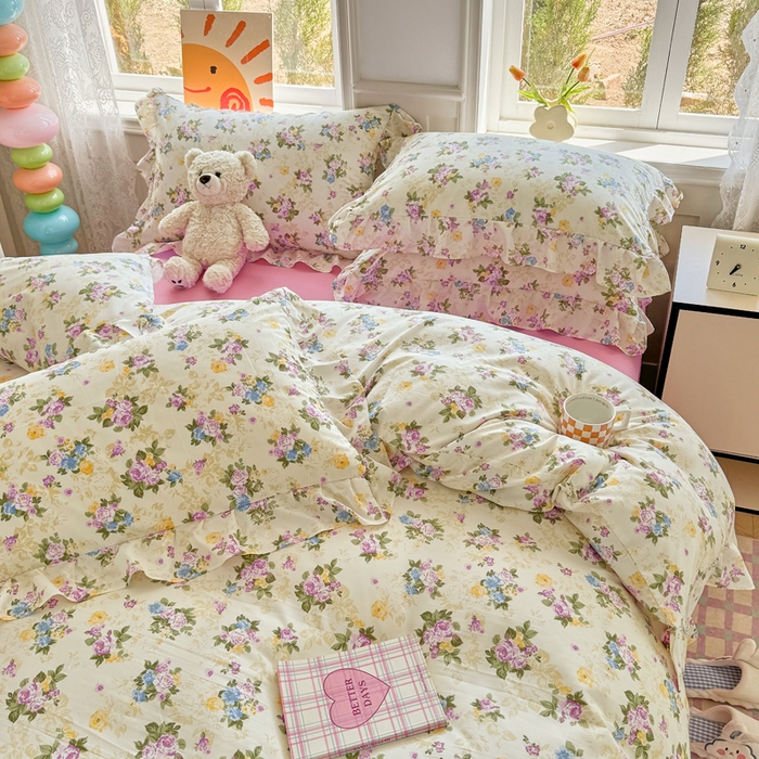 91家纺网 家纺一手货源 找家纺 芷凡家纺 2025新款A类加厚超柔水洗棉花边款韩式四件套 月影花开