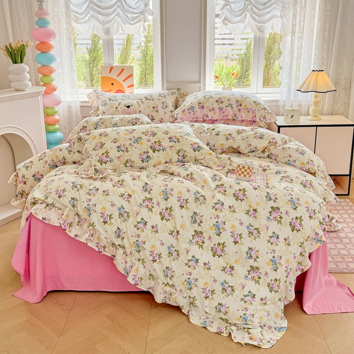 91家纺网 家纺一手货源 找家纺 芷凡家纺 2025新款A类加厚超柔水洗棉花边款韩式四件套 月影花开