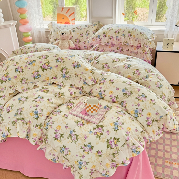 91家纺网 家纺一手货源 找家纺 芷凡家纺 2025新款A类加厚超柔水洗棉花边款韩式四件套 月影花开