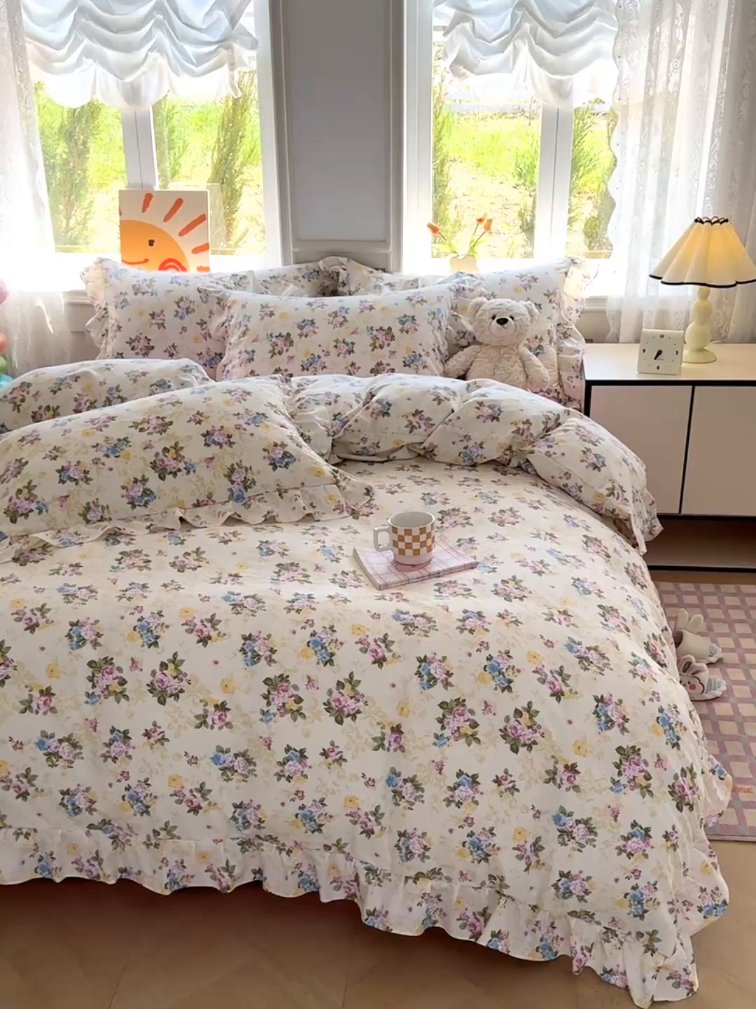 91家纺网 家纺一手货源 找家纺 芷凡家纺 2025新款A类加厚超柔水洗棉花边款韩式四件套 月影花开