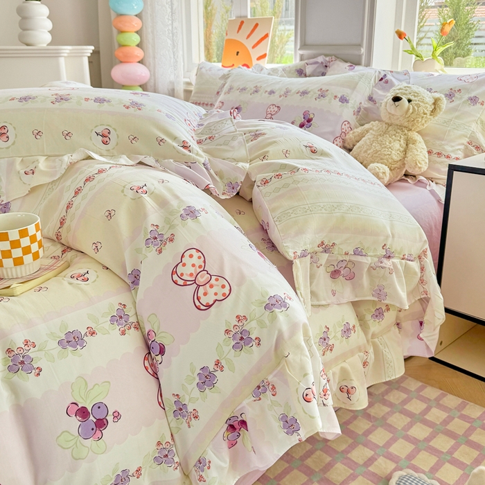 91家纺网 家纺一手货源 找家纺 芷凡家纺 2025新款A类加厚超柔水洗棉花边款韩式四件套 芝士葡萄