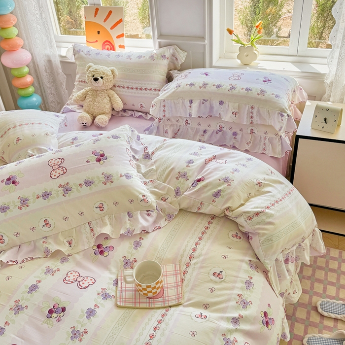 91家纺网 家纺一手货源 找家纺 芷凡家纺 2025新款A类加厚超柔水洗棉花边款韩式四件套 芝士葡萄