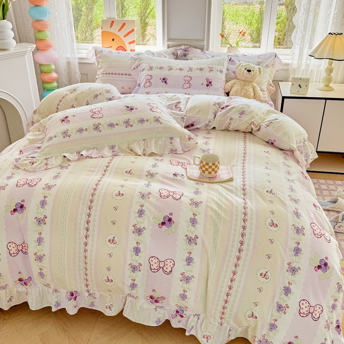 91家纺网 家纺一手货源 找家纺 芷凡家纺 2025新款A类加厚超柔水洗棉花边款韩式四件套 芝士葡萄