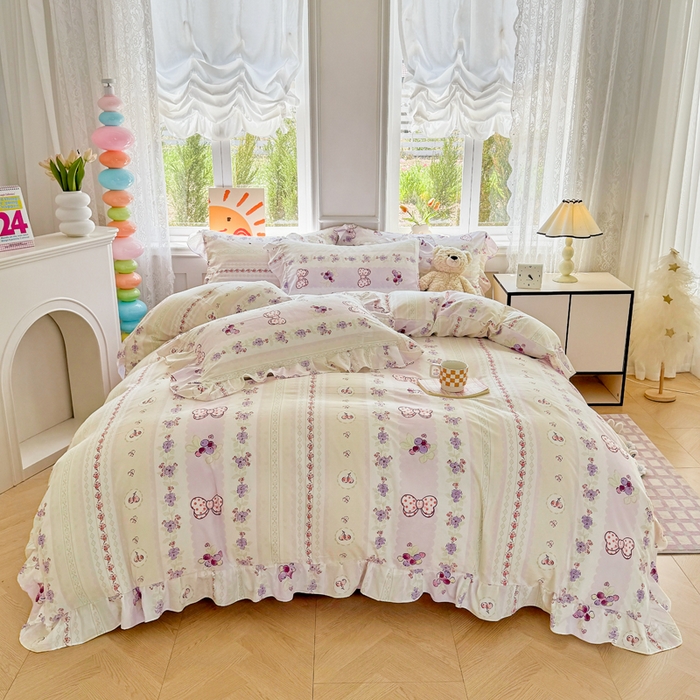 芷凡家纺 2025新款A类加厚超柔水洗棉花边款韩式四件套 芝士葡萄