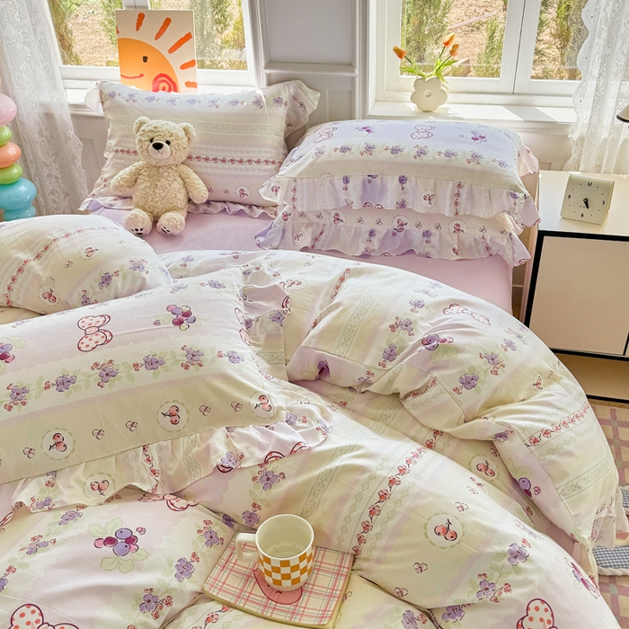 91家纺网 家纺一手货源 找家纺 芷凡家纺 2025新款A类加厚超柔水洗棉花边款韩式四件套 芝士葡萄