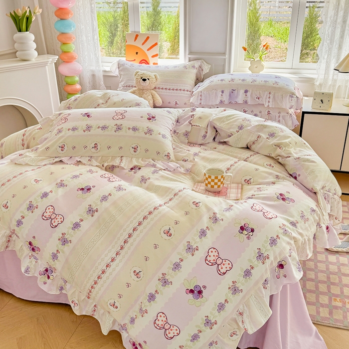 91家纺网 家纺一手货源 找家纺 芷凡家纺 2025新款A类加厚超柔水洗棉花边款韩式四件套 芝士葡萄