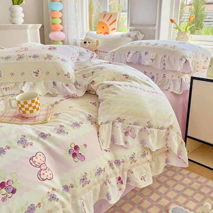 91家纺网 家纺一手货源 找家纺 芷凡家纺 2025新款A类加厚超柔水洗棉花边款韩式四件套 芝士葡萄