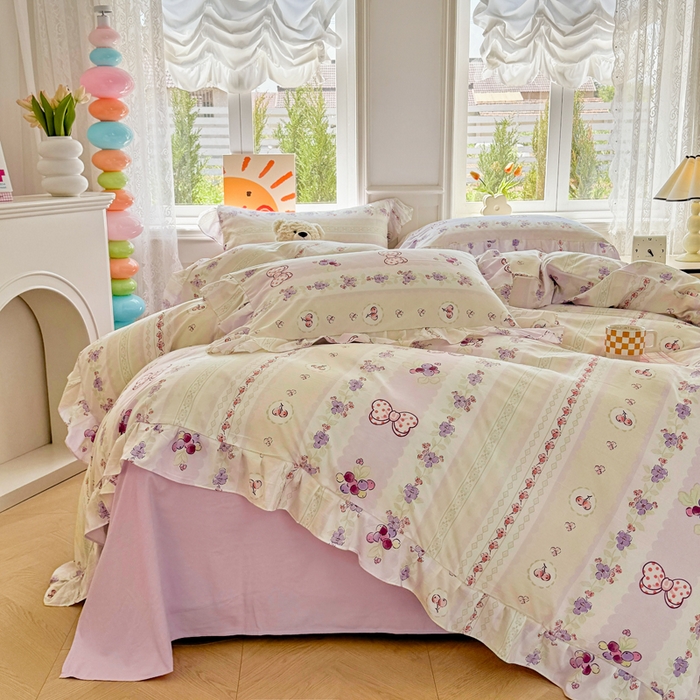 91家纺网 家纺一手货源 找家纺 芷凡家纺 2025新款A类加厚超柔水洗棉花边款韩式四件套 芝士葡萄