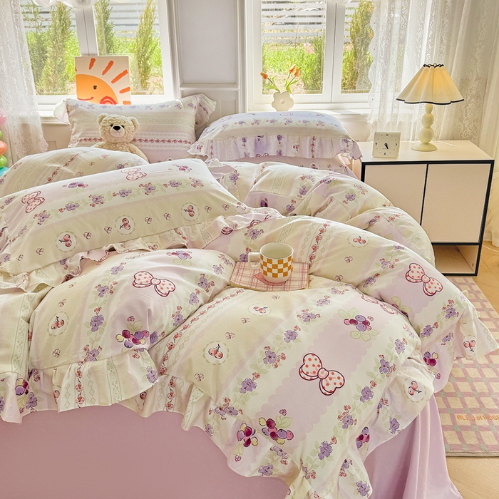 91家纺网 家纺一手货源 找家纺 芷凡家纺 2025新款A类加厚超柔水洗棉花边款韩式四件套 芝士葡萄