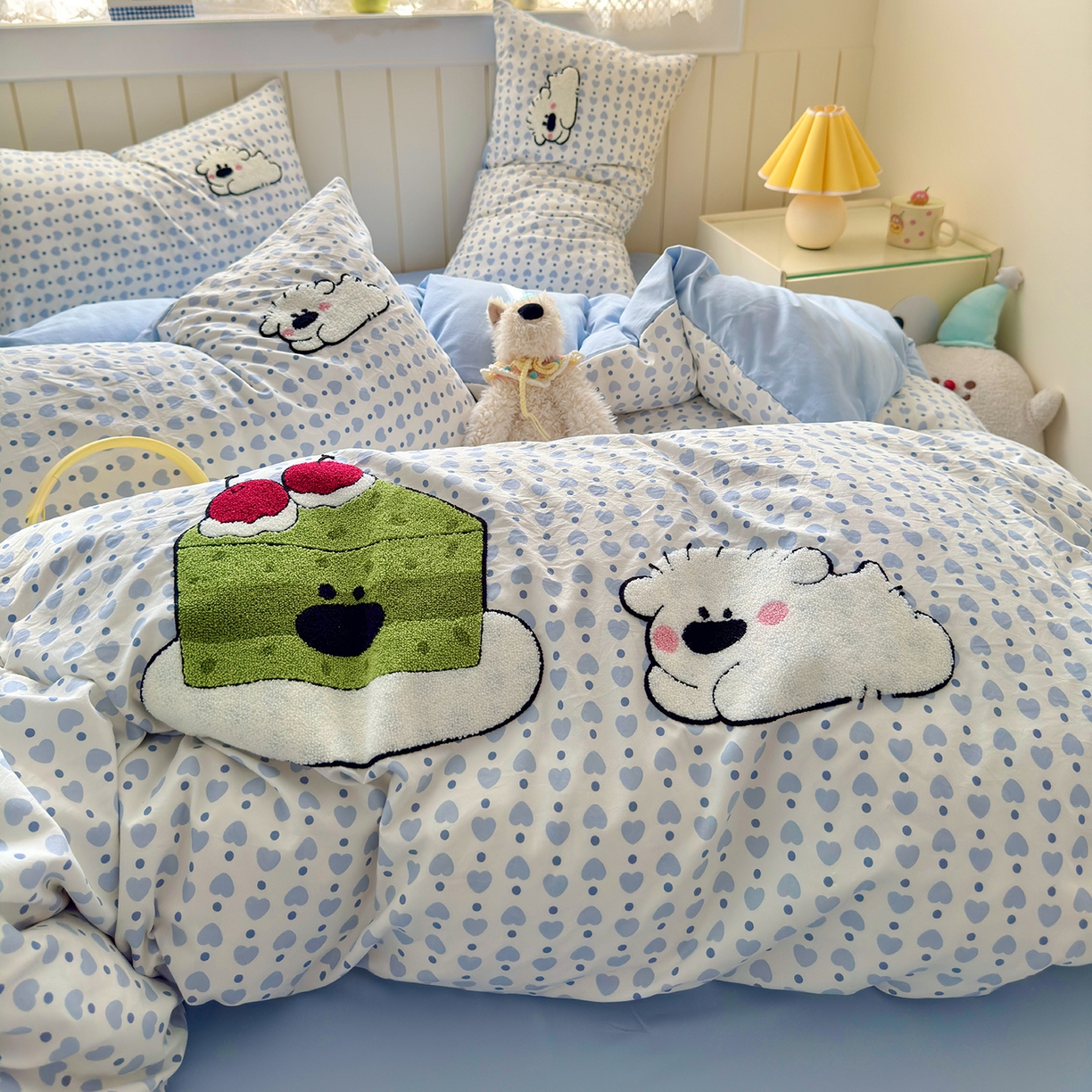 罗亿家纺 2025新款云感双层纱卡通毛巾绣四件套(小清新系列)） 抹茶蛋糕狗