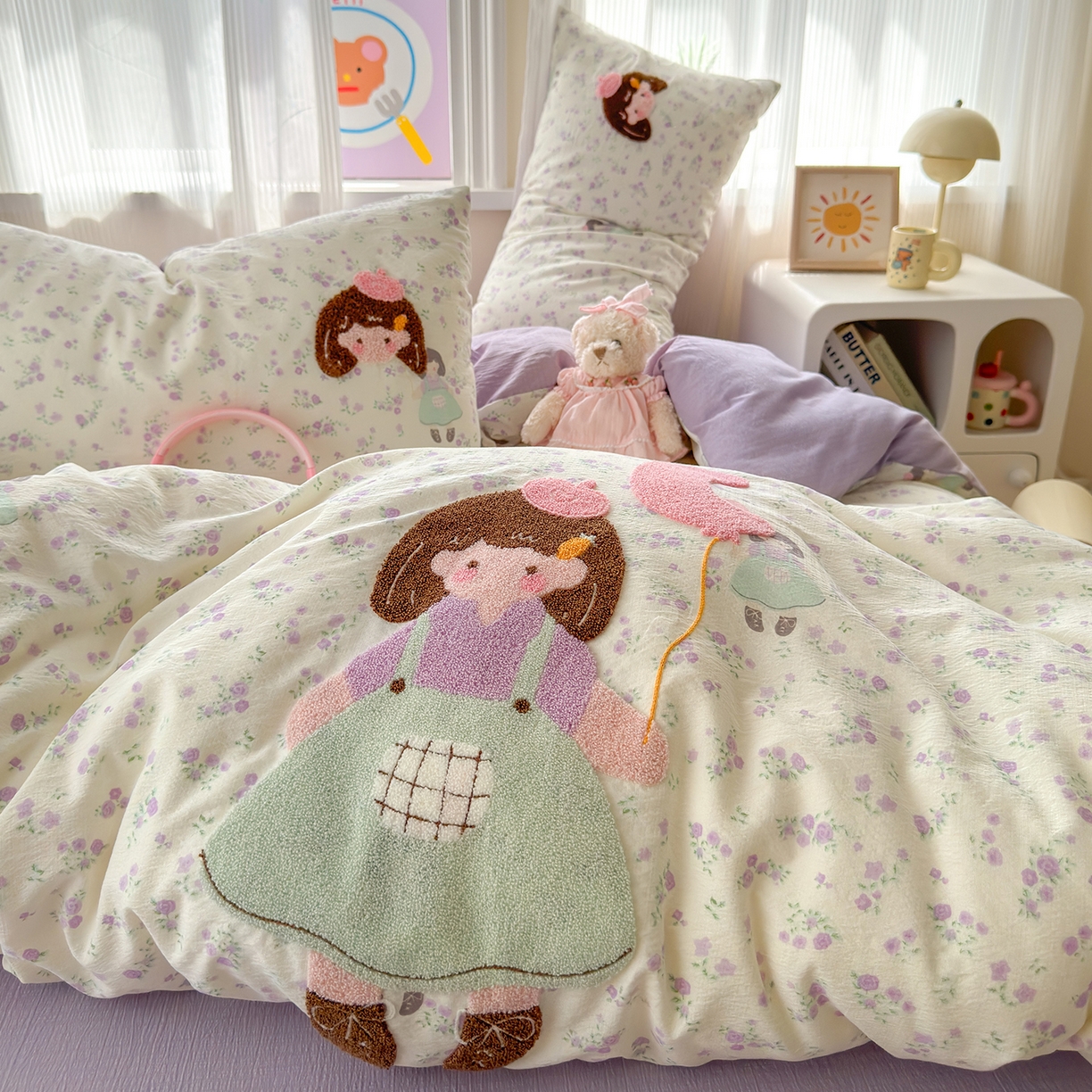 罗亿家纺 2025新款云感双层纱卡通毛巾绣四件套(小清新系列)） 气球女孩