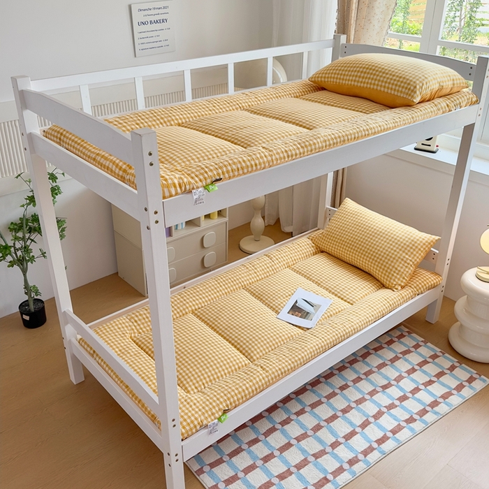 91家纺网 家纺一手货源 找家纺 （总）美尔惠家纺 2025新款无印风100%A类色织水洗棉学生宿舍床垫床褥上下铺床可折叠可水洗学生床垫床褥子