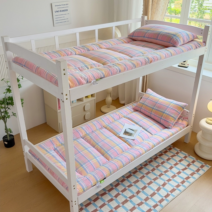 91家纺网 家纺一手货源 找家纺 （总）美尔惠家纺 2025新款无印风100%A类色织水洗棉学生宿舍床垫床褥上下铺床可折叠可水洗学生床垫床褥子