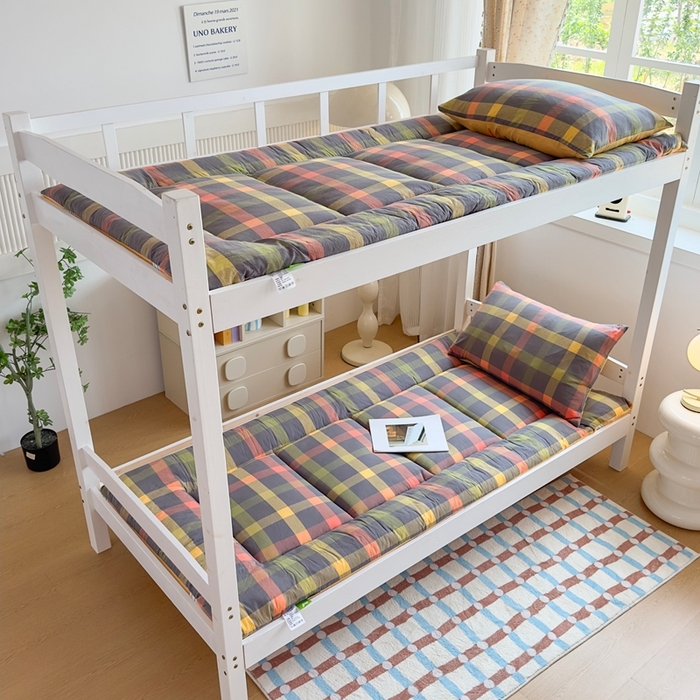 91家纺网 家纺一手货源 找家纺 （总）美尔惠家纺 2025新款无印风100%A类色织水洗棉学生宿舍床垫床褥上下铺床可折叠可水洗学生床垫床褥子