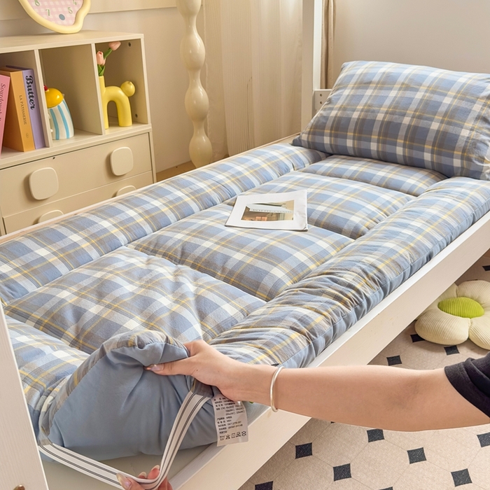 91家纺网 家纺一手货源 找家纺 美尔惠家纺 2025新款无印风100%A类色织水洗棉学生宿舍床垫床褥上下铺床可折叠可水洗学生床垫床褥子 简兮兰