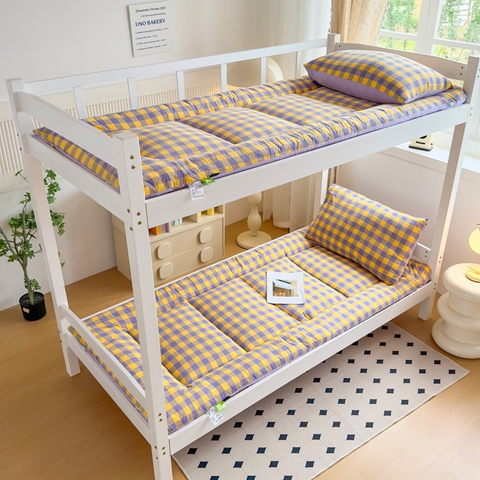 美尔惠家纺 2025新款无印风100%A类色织水洗棉学生宿舍床垫床褥上下铺床可折叠可水洗学生床垫床褥子 紫黄中格