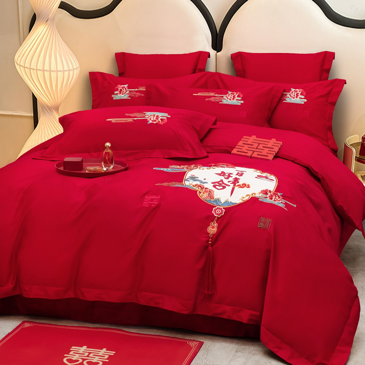 91家纺网 家纺一手货源 找家纺 千禧家纺 2025新款双面长绒棉轻奢工艺款刺绣婚庆套件（贵妃枕非图上所展示款）百年好合