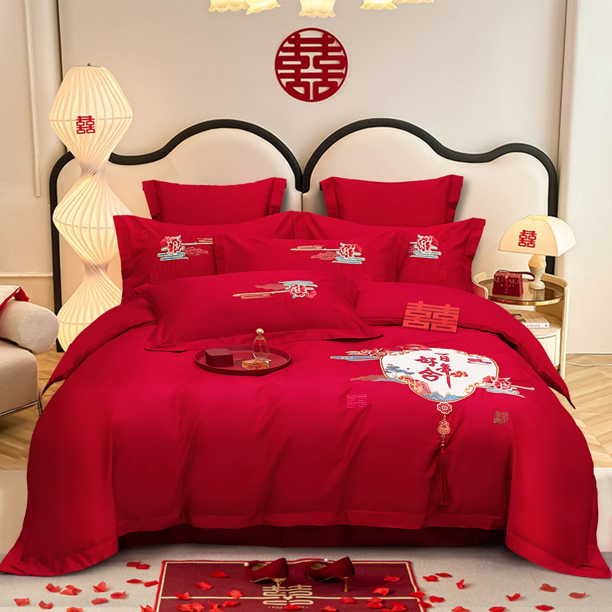 千禧家纺 2025新款双面长绒棉轻奢工艺款刺绣婚庆套件（贵妃枕非图上所展示款）百年好合