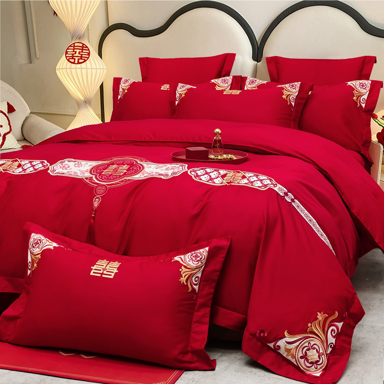 91家纺网 家纺一手货源 找家纺 千禧家纺 2025新款双面长绒棉轻奢工艺款刺绣婚庆套件（贵妃枕非图上所展示款）相濡以沫