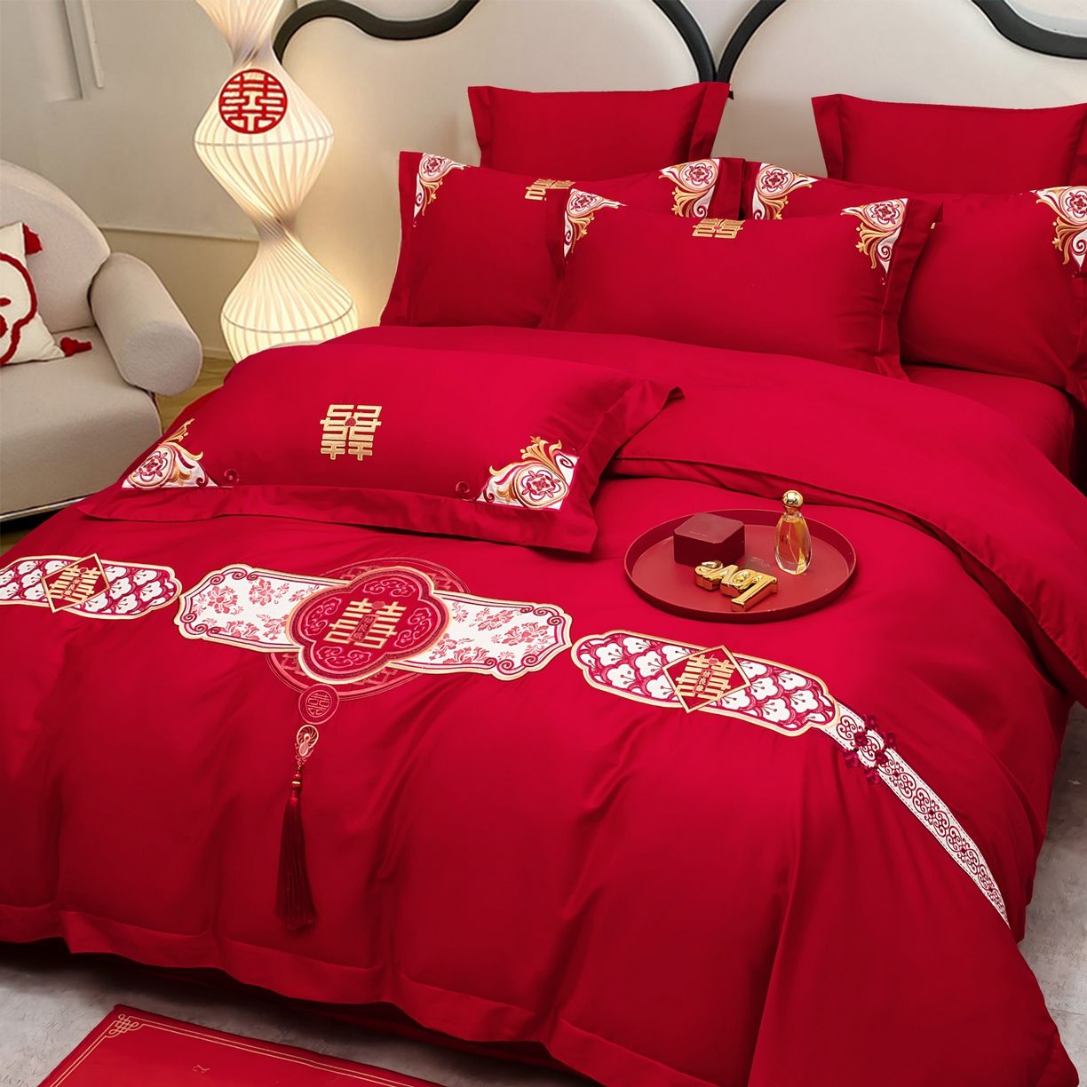 91家纺网 家纺一手货源 找家纺 千禧家纺 2025新款双面长绒棉轻奢工艺款刺绣婚庆套件（贵妃枕非图上所展示款）相濡以沫