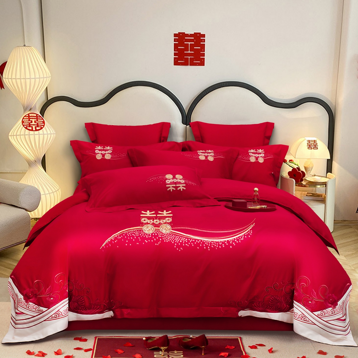 千禧家纺 2025新款双面长绒棉轻奢工艺款刺绣婚庆套件（贵妃枕非图上所展示款）心有灵犀