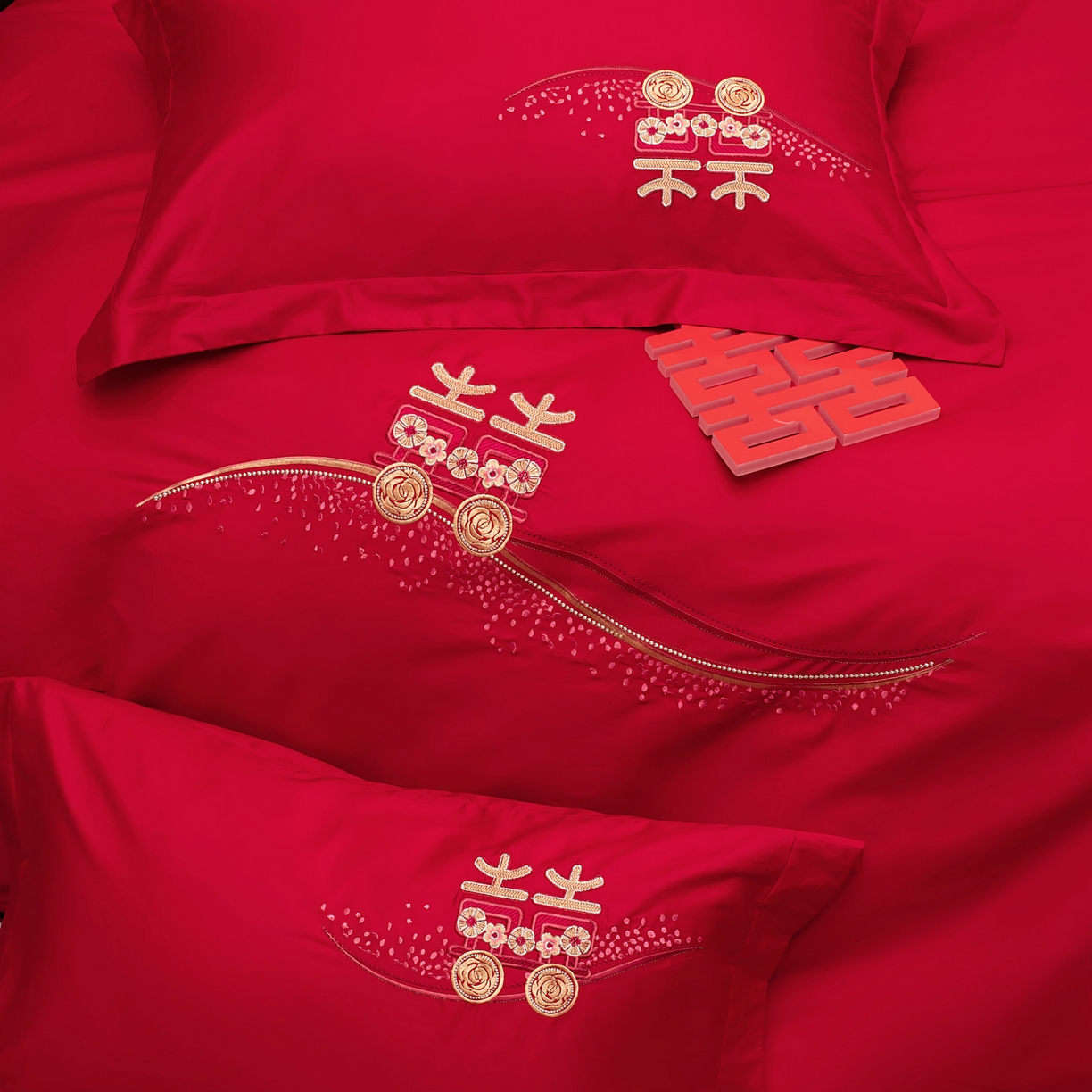 91家纺网 家纺一手货源 找家纺 千禧家纺 2025新款双面长绒棉轻奢工艺款刺绣婚庆套件（贵妃枕非图上所展示款）心有灵犀