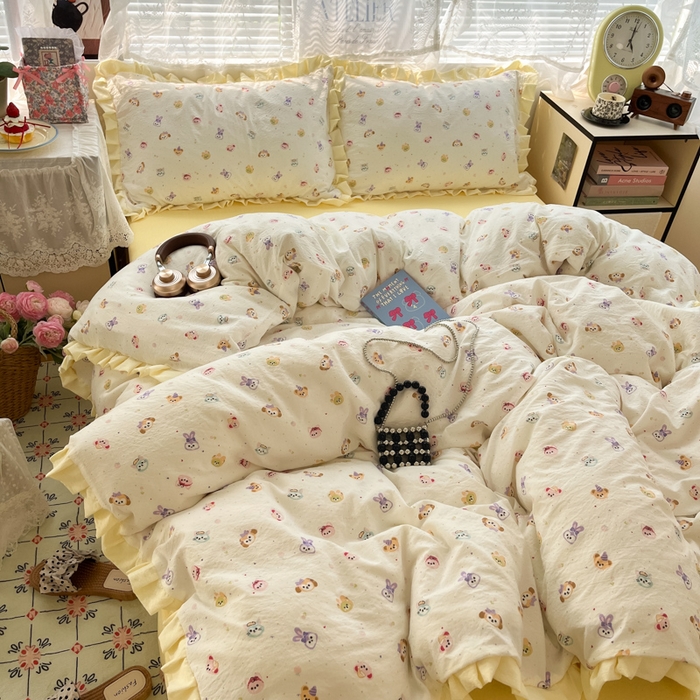 91家纺网 家纺一手货源 找家纺 优承佳生活馆 2025新款双层纱印花花边款四件套（提供买家秀） 动物派对-花边款