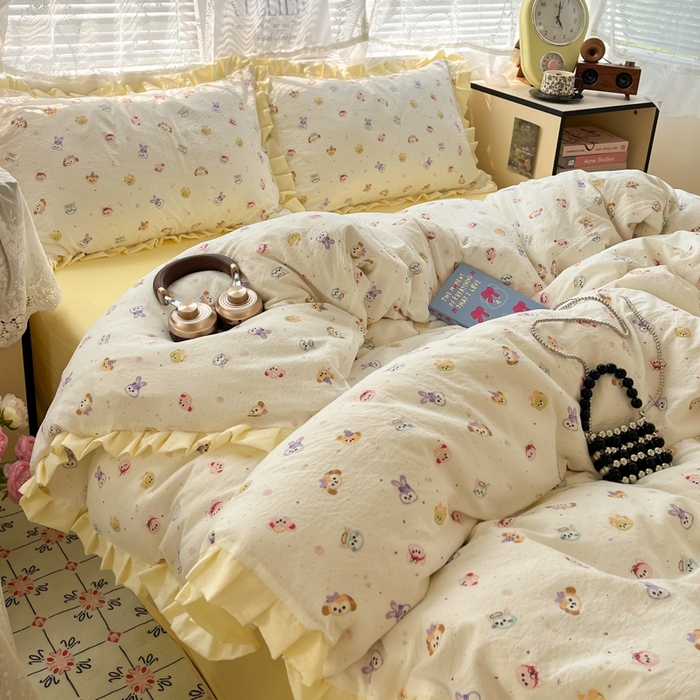 91家纺网 家纺一手货源 找家纺 优承佳生活馆 2025新款双层纱印花花边款四件套（提供买家秀） 动物派对-花边款