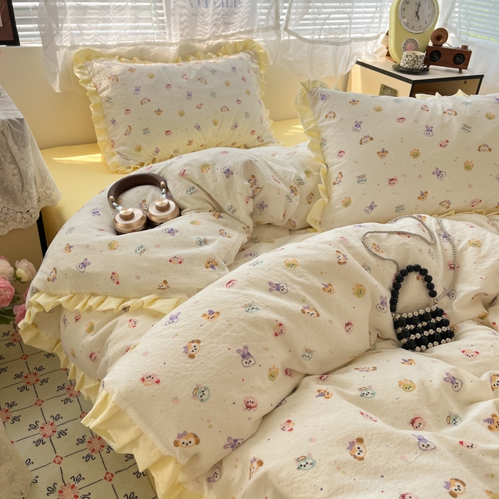 91家纺网 家纺一手货源 找家纺 优承佳生活馆 2025新款双层纱印花花边款四件套（提供买家秀） 动物派对-花边款