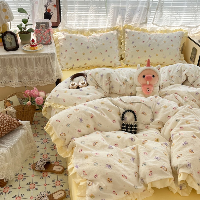 91家纺网 家纺一手货源 找家纺 优承佳生活馆 2025新款双层纱印花花边款四件套（提供买家秀） 动物派对-花边款