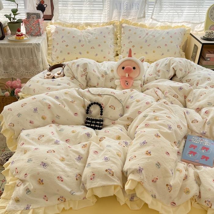 91家纺网 家纺一手货源 找家纺 优承佳生活馆 2025新款双层纱印花花边款四件套（提供买家秀） 动物派对-花边款