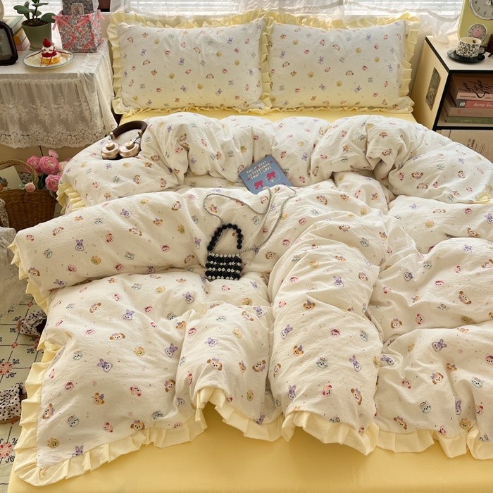 91家纺网 家纺一手货源 找家纺 优承佳生活馆 2025新款双层纱印花花边款四件套（提供买家秀） 动物派对-花边款