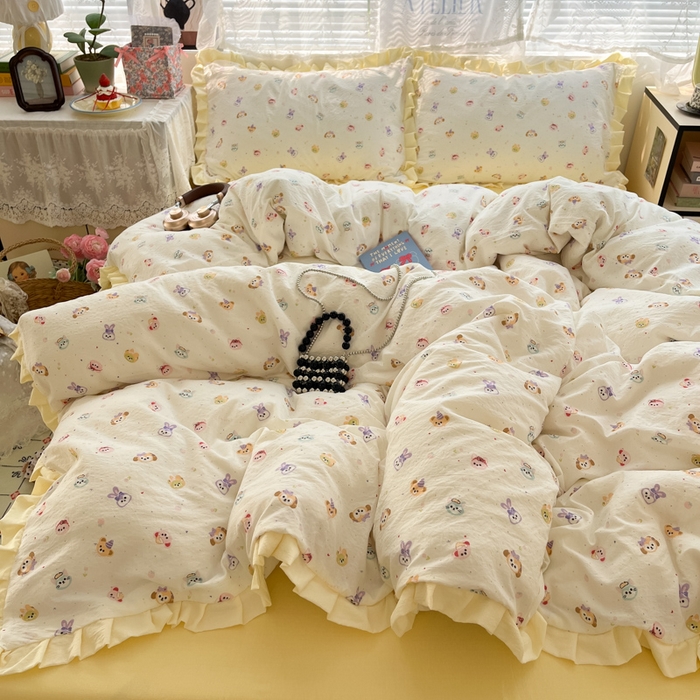 91家纺网 家纺一手货源 找家纺 优承佳生活馆 2025新款双层纱印花花边款四件套（提供买家秀） 动物派对-花边款